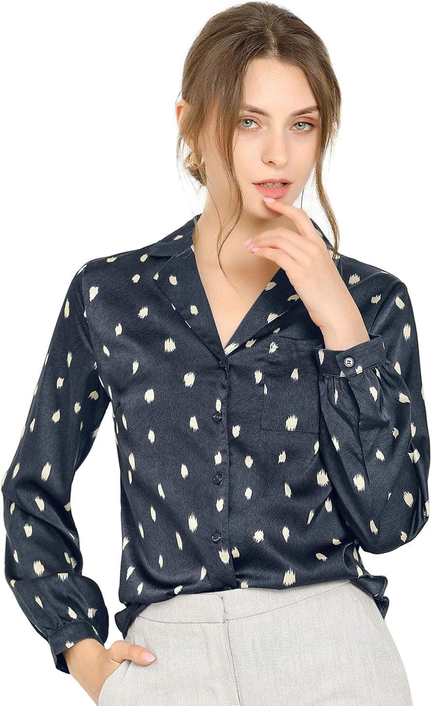 Allegra K Women's Satin Polka Dots Blouses Elegant Camp Collar Long Sleeve Button Up Shirt