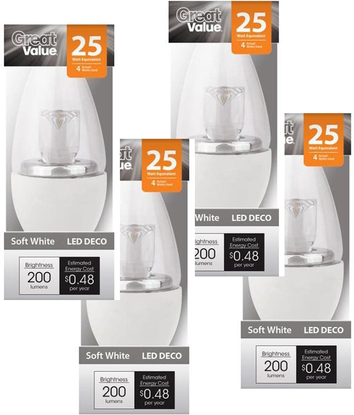 Great Value(4 pack) LED Deco Soft White Light Bulb, 25W E12 Candelabra Base, 2700 K, 200 Lumens, Non- Dimmable, Chandelier
