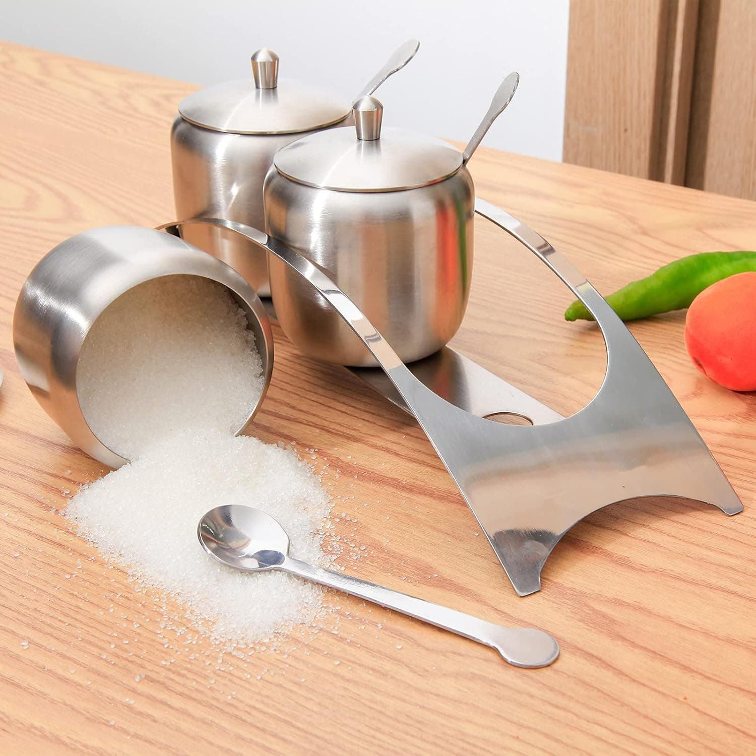 BAERFO Condiment Jar Set with stand and Serving Spoons (18/8 Stainless Steel/set of 3) Storage pepper salt spices salt spices Jar Sugar Bowl Set