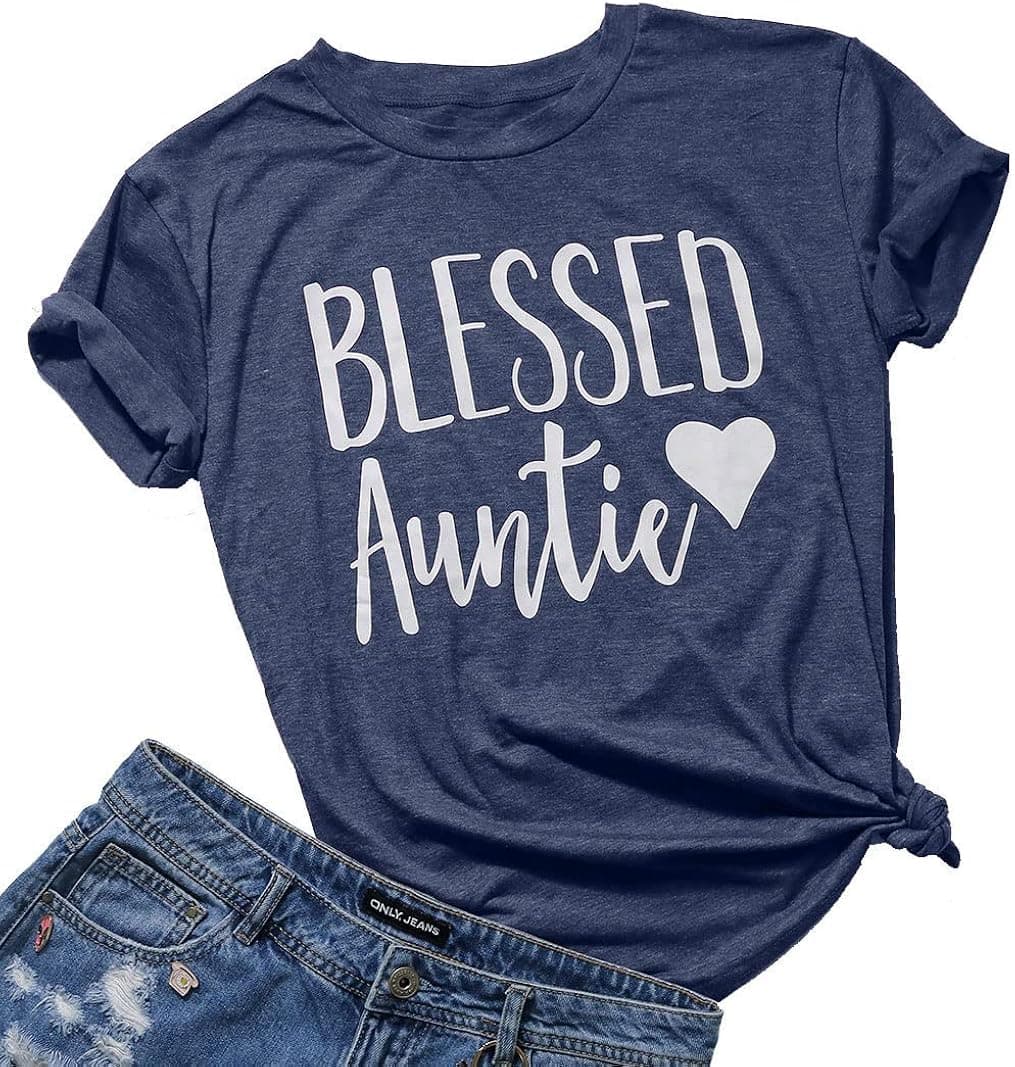 Women Blessed Auntie Shirt Cute Love Heart Print Aunt Life Casual T Shirt Gifts Tee Tops