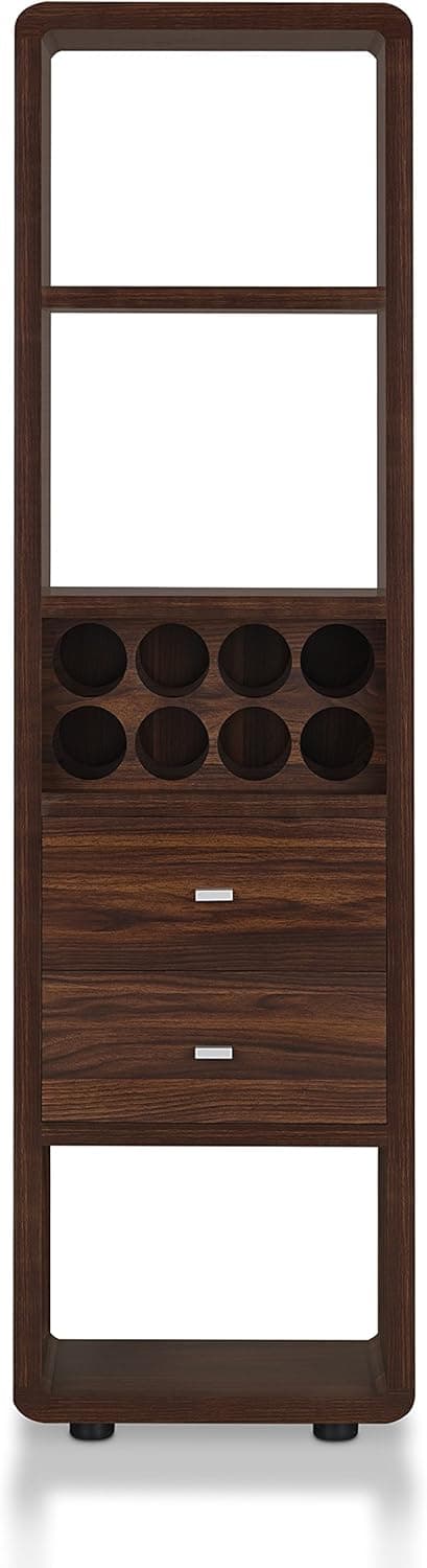 ioHOMES Tabbart Contemporary Standing Wine Cabinet with Showcase Glasses Open Shelves, Center Bottle Rack and Storage Drawers, Dark Walnut