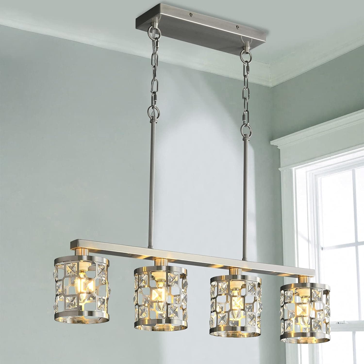 BZZMMB 4 Light Dining Room Lighting Fixtures Hanging, Modern Chandelier with Brushed Nickel Finish, Linear Chandelier for Kitchen
