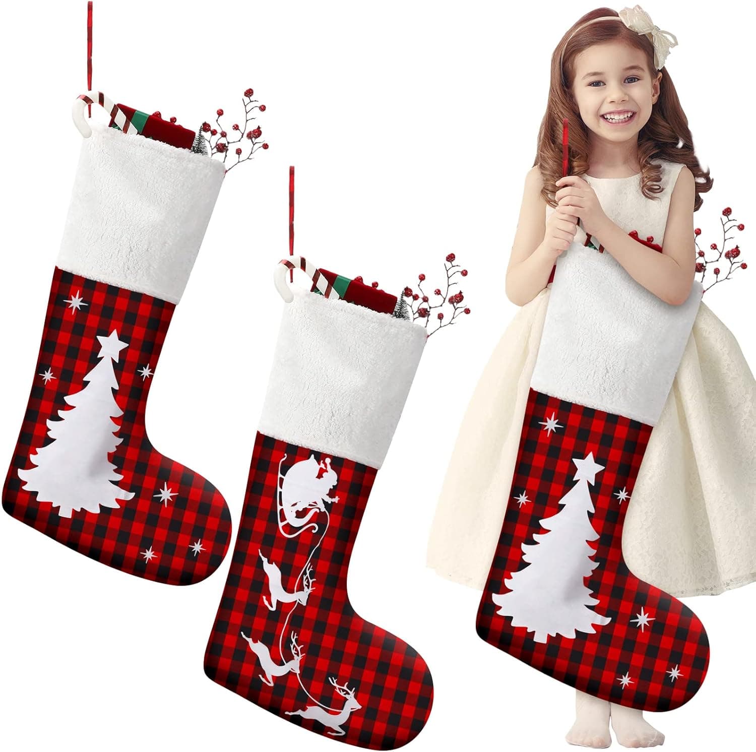 Shappy 2 Pcs 43 Inch Tall Giant Christmas Stockings Buffalo Plaid Red Black Jumbo with Plush Faux Fur Cuff Fillable Fireplace Hanging for Xmas Py Decor