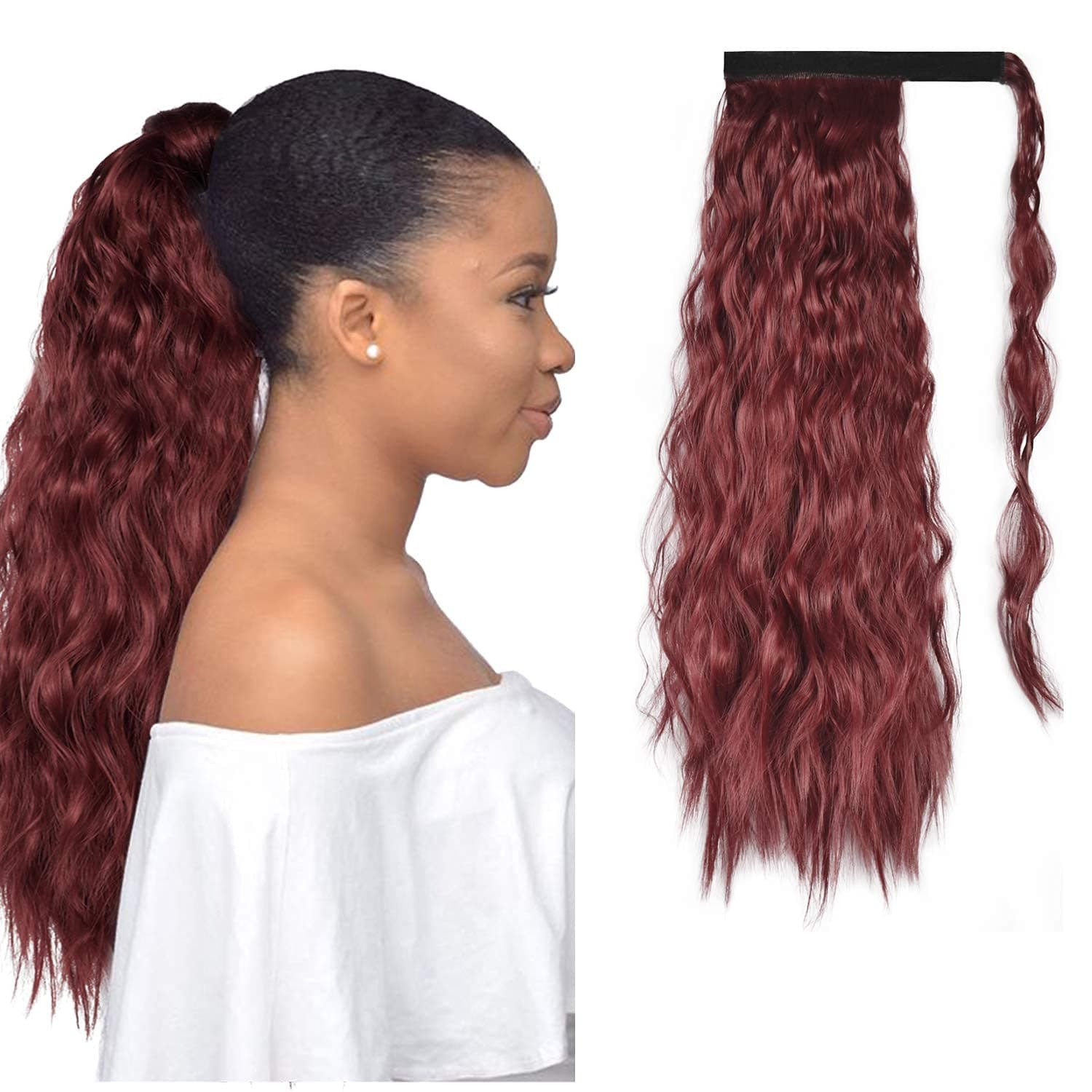 PEACOCO Clip in Ponytail Extension Curly Wrap Around Ponytail,28 inch Corn Wave Hairpiece Long Hair Extensions for Women and Girls(BUG)