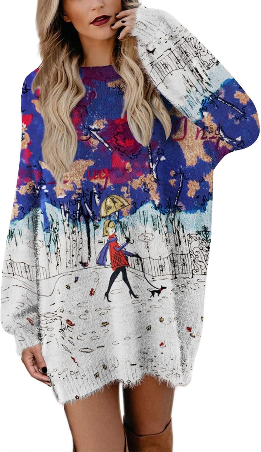 YESNO Sweater Dress for Women Oversized Graphic Lantern Long Sleeve Pullover Sweater Tops S08