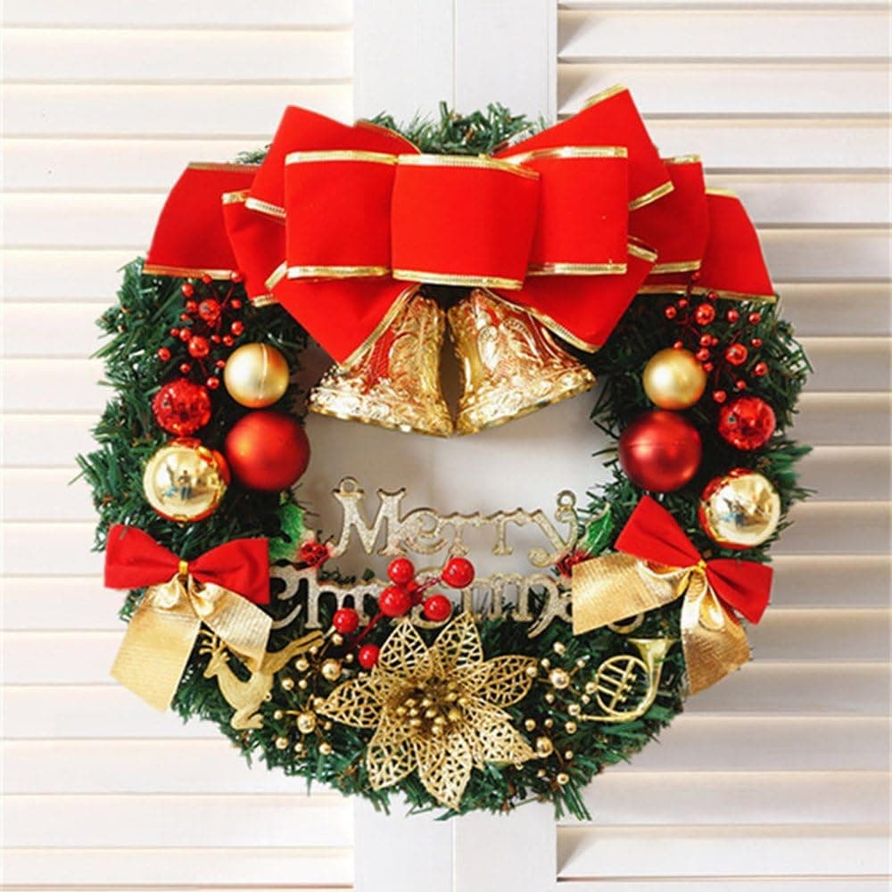 Fanng Merry Christmas Wreaths 14inch Handmade Garlands with Red Bowknot and Golden Bell for Indoor/Outdoor Door Wall Window Home Christmas Decor