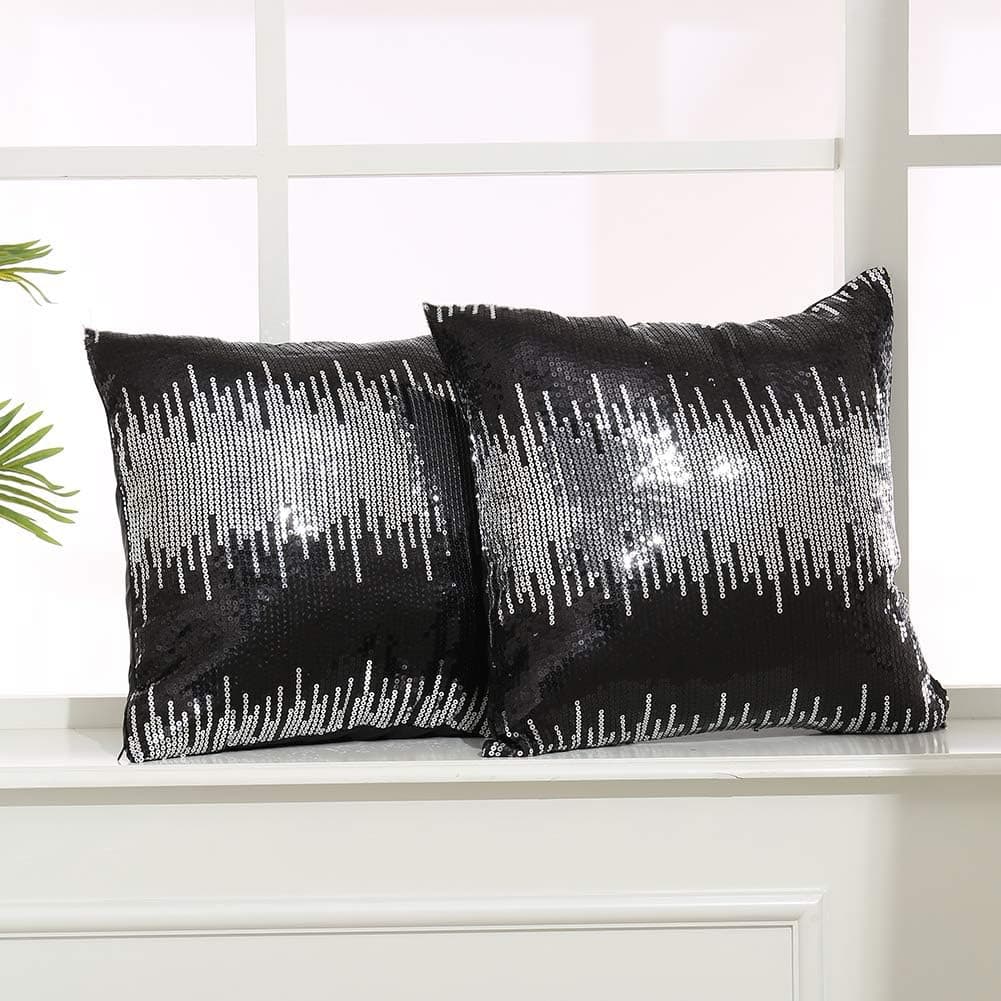 SquarePie Sequin Pillow Cover Shiny Throw Pillow Case for Sofa Cushion Black Silver 18 x 18 Inch Set of 2