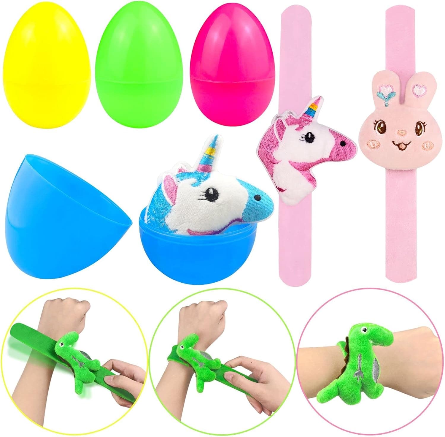 BNUZEIYI Easter Eggs Easter Basket Stuffers for Toddler Girls Boys Filled 4 Pack Eggs with Cute Animals Bracelets Inside Colorful Plastic Prefilled Easter Eggs with Toys Inside For Kids Easter Gifts