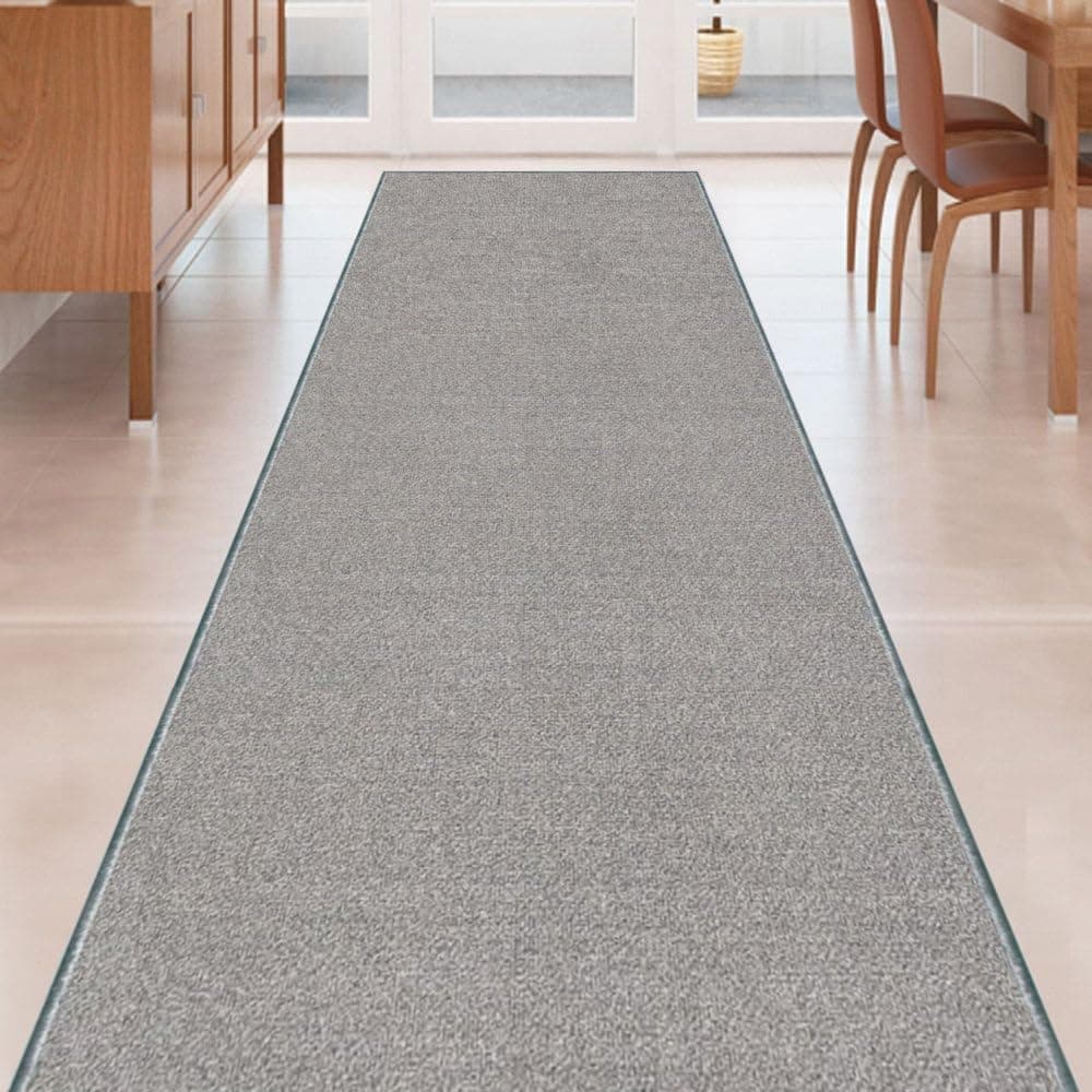 Grey Solid Plain Rubber Backed Non-Slip Hallway Stair Kitchen Runner Rug Carpet 22in X 15ft