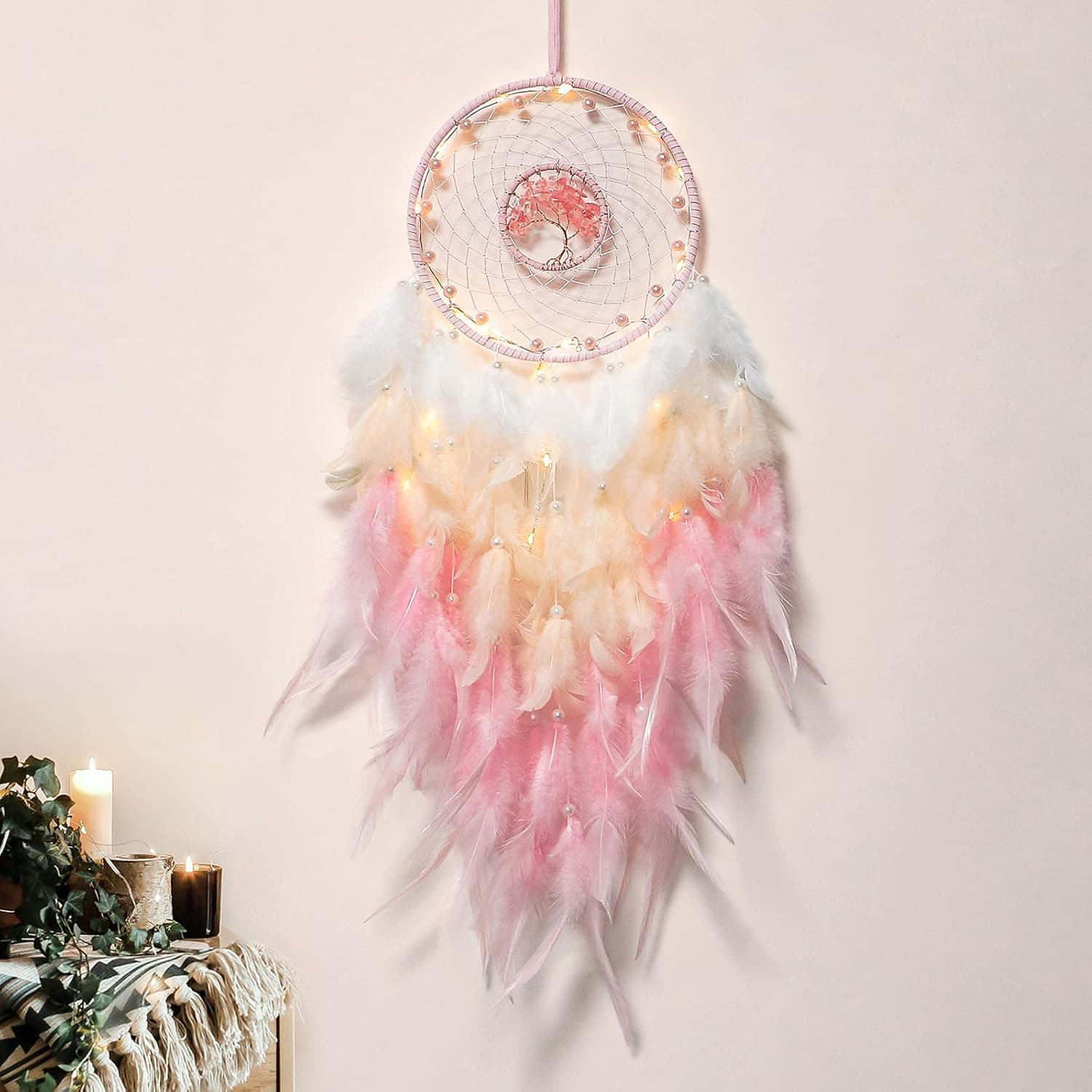 KHOYIME Dream Catcher Tree of Life Wall Decor with Crystal Stone Handmade Dream Catchers for Bedroom Bohemian Home Decor Wedding Ornament Craft Gift