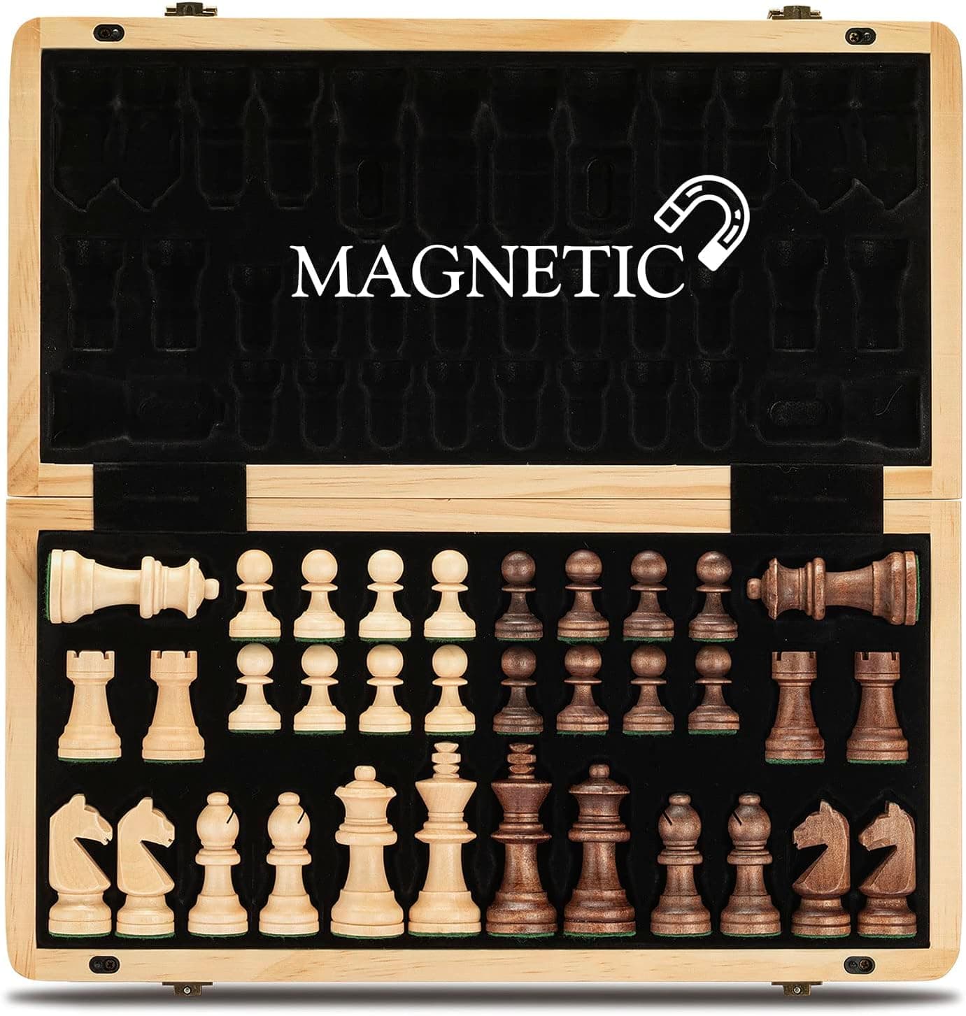 A&A 15" Magnetic Wooden Chess Set/Folding Board / 3" King Height German Knight Staunton Chess Pieces/Mahogany & Maple Inlaid /2 Extra Queen/Board Games Chess Sets for Adults and Kids