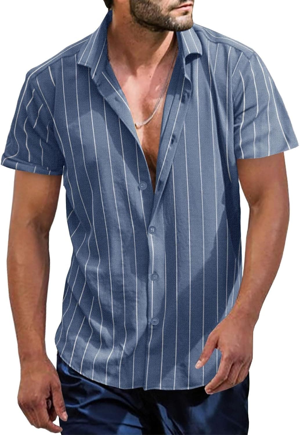 Mens Short Sleeve Button Down Shirts Loose Fit Casual Striped Stand Collar Summer Tops