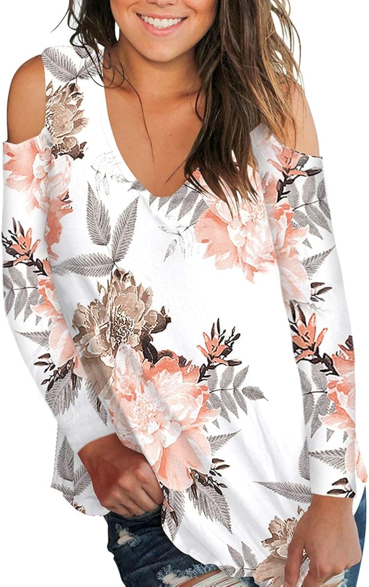 Women's Long Sleeve Tees Tops Fall Cold Shoulder Floral T Shirt Vintage White 2XL