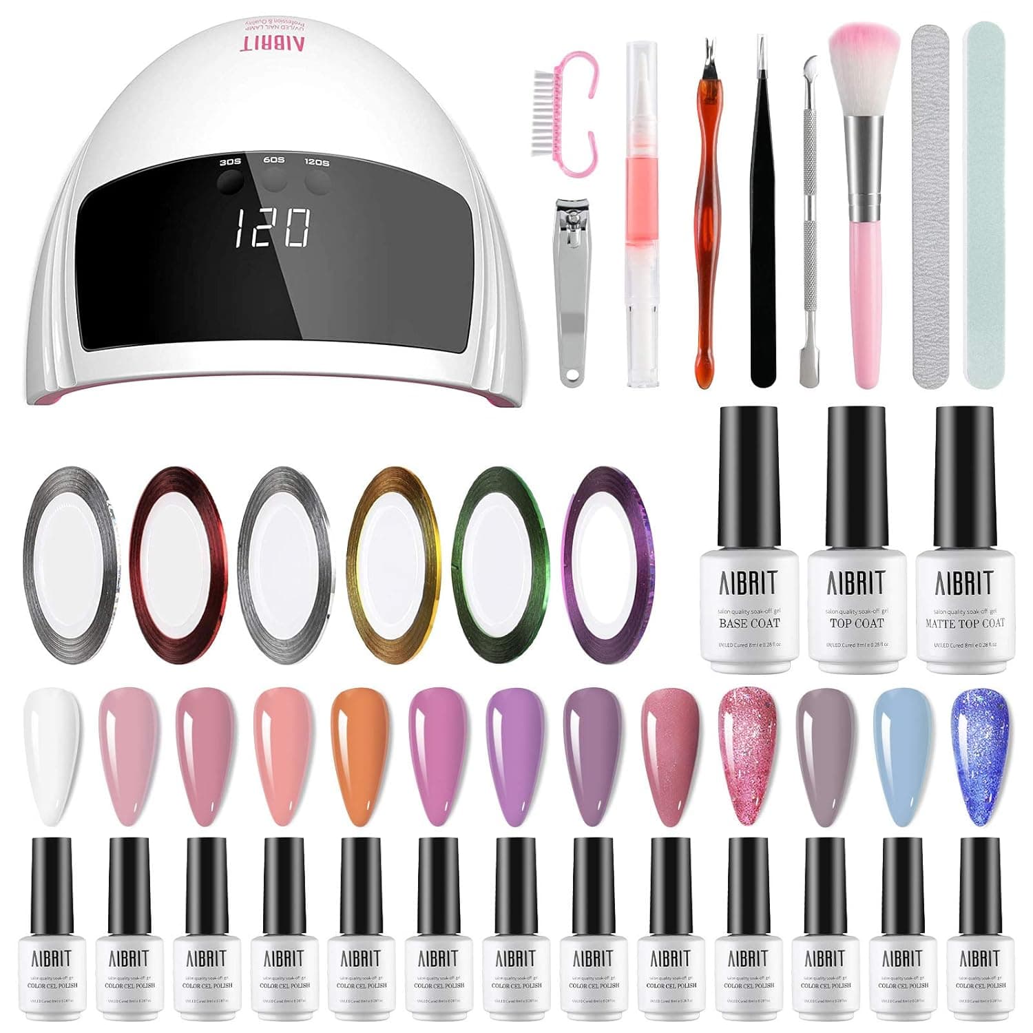 Aibrit Nail Gel Kit with UV Light 45W LED Gel Light 16 PCS Nail kit, No Wipe Base Top Coat/Matte Top Coat, Integrated Manicure Kit with Nail Dryer