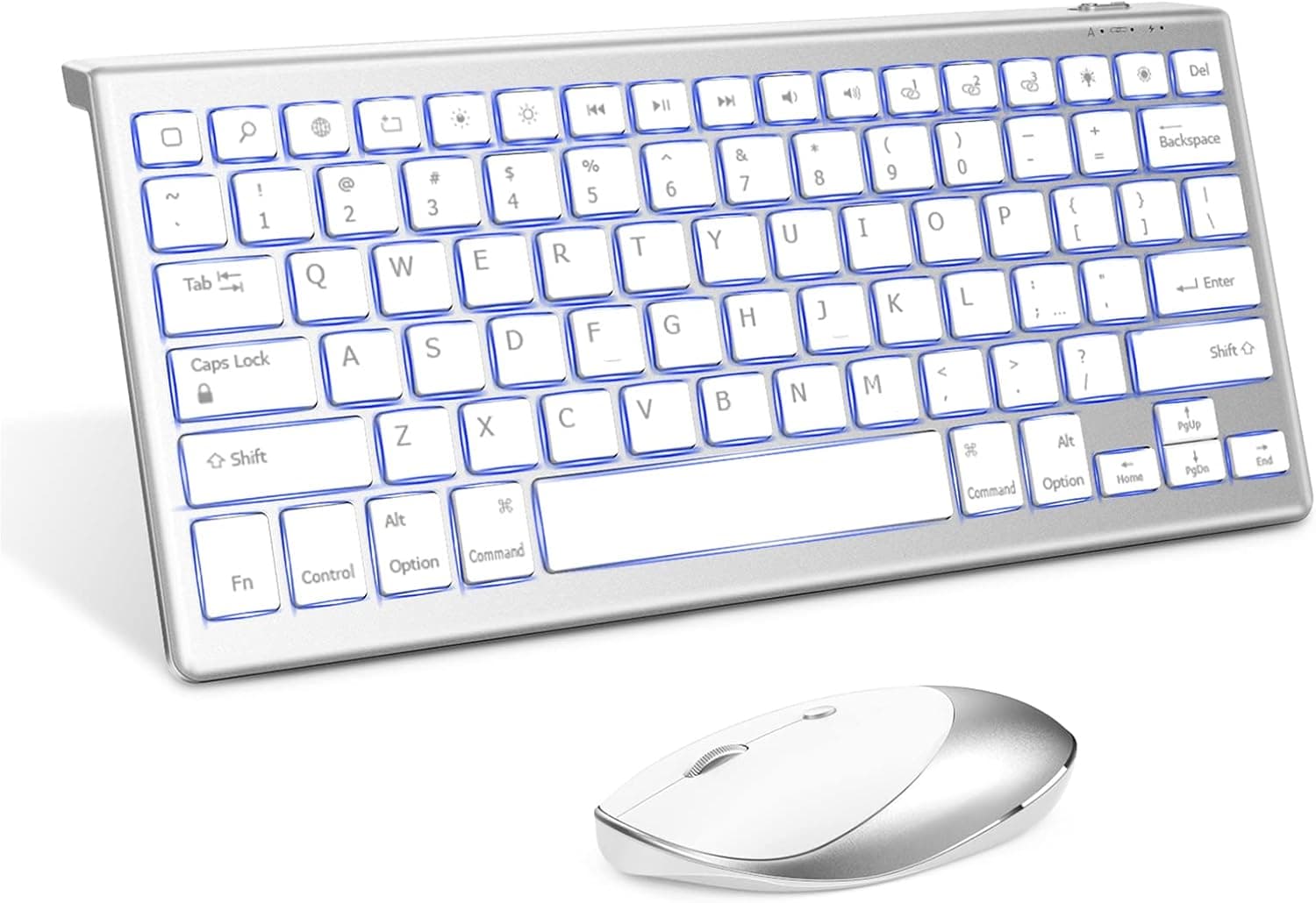 Backlit Bluetooth Keyboard and Mouse for iOS System, Wireless Rechargeable Mini Keyboard and Mice with 7 Colors Backlight Compatible with iPad, iPhone, White Silver