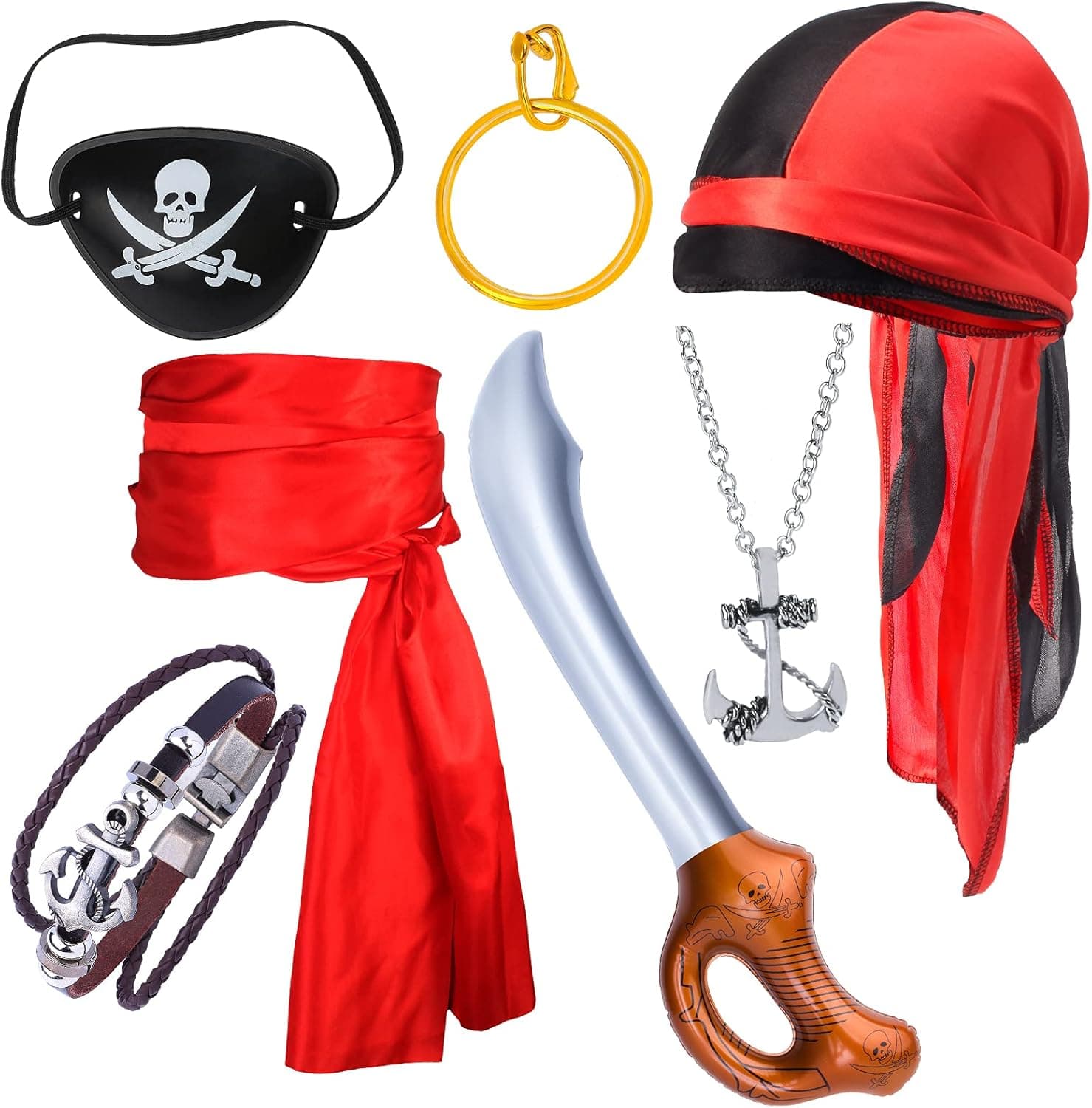 Yewong Pirate Costume Accessories Set Two Tone Pirate Durag Pirate Sash with Captain Pirate Dress Up Accessory Kit