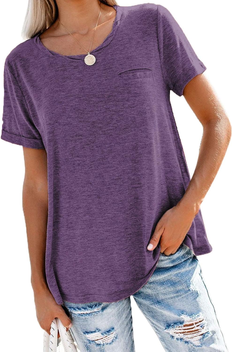 Women's T Shirts Round Neck Short Sleeve Tops Casual Summer Tees Solid Loose Fit Blouses Purple