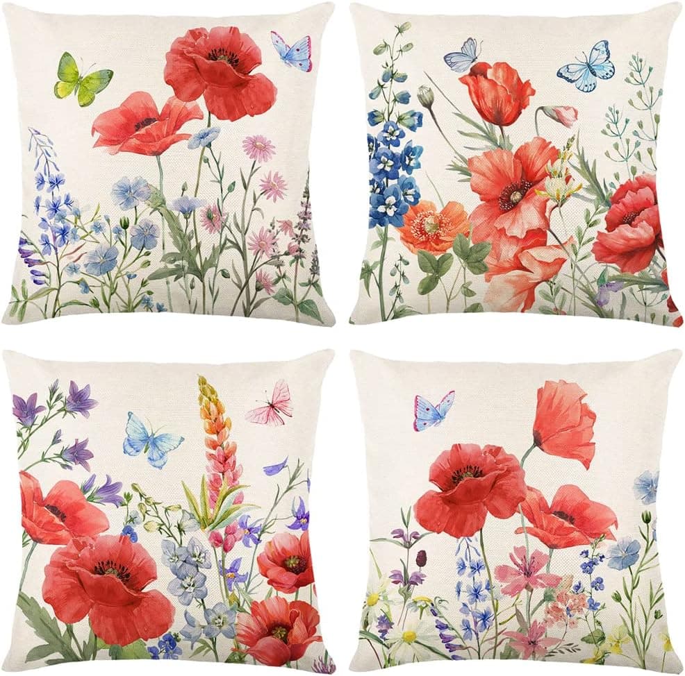 UBING 4 Pcs Red Poppy Floral Pillow Covers Spring Summer Vintage Decorative Rustic Farmhouse Thorw Pillow Covers for Indoor Outdoor Sofa Living Room Paito Décor (18"X18")