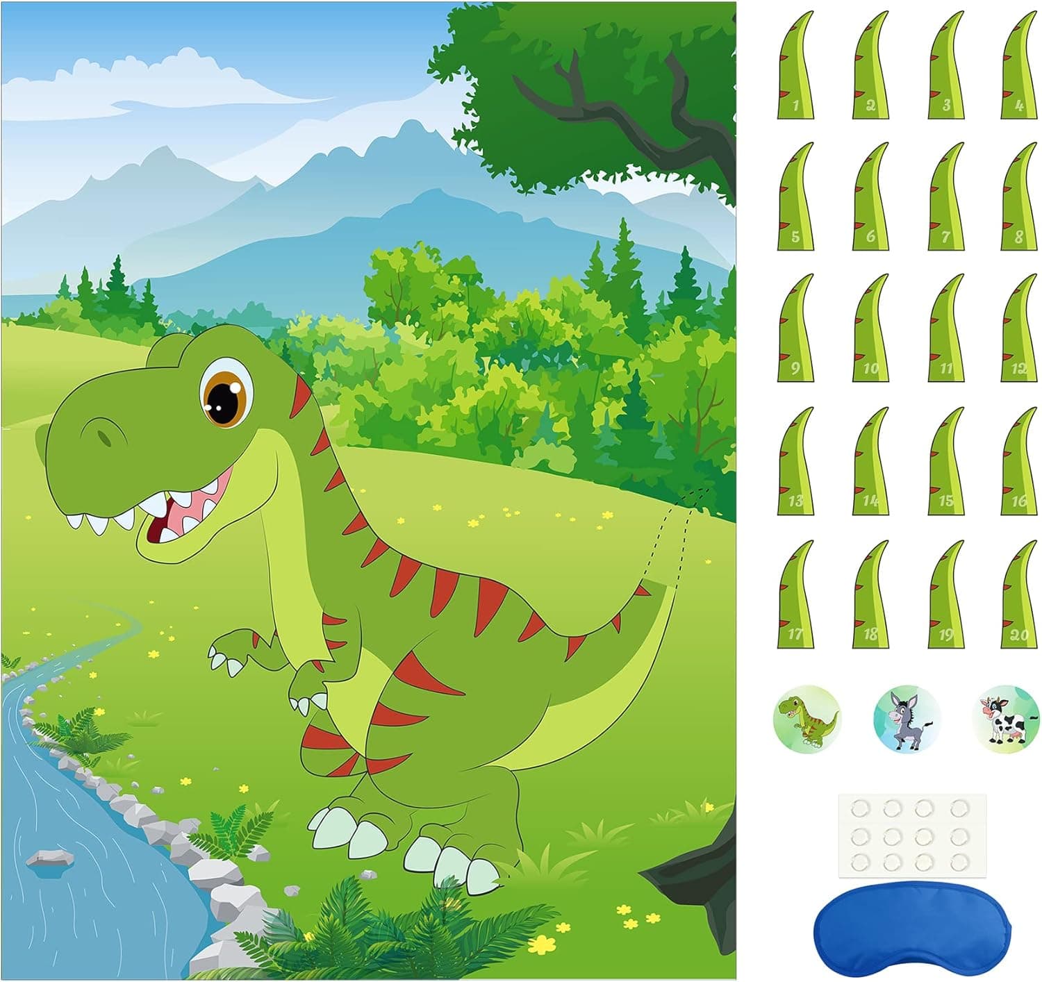 Morcheiong Pin The Tail on The Dinosaur Party Game with 48 Tails for Dinosaur Party Favors Kids Birthday Party Supplies Boys Party Decorations