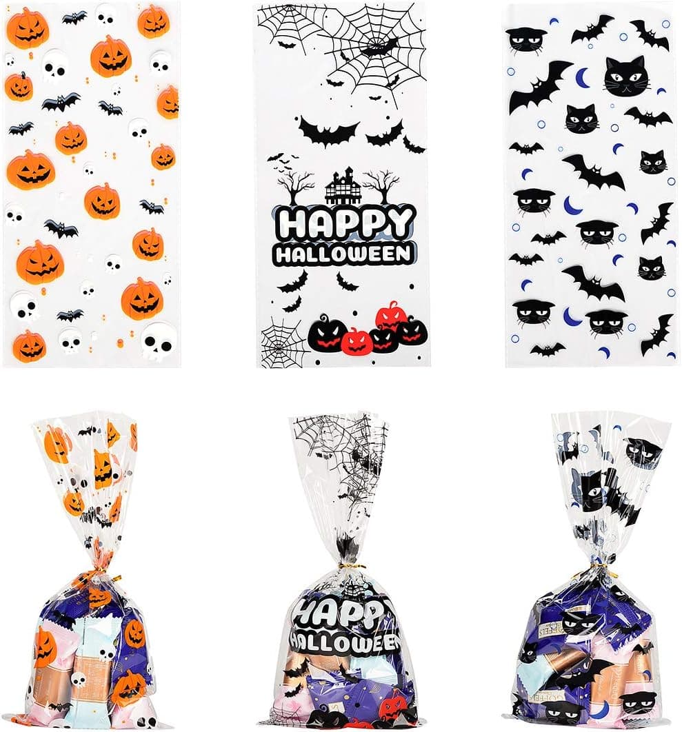 150 PCS Christmas Halloween Cellophane Snack Bags Clear Candy Cookie Treat Bags with Twist Ties for Bakery Biscuit Chocolate Snacks Party Favors Homemade Craft (E)