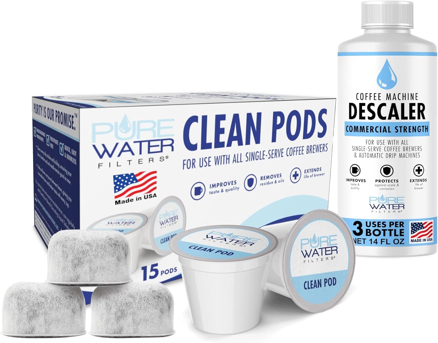 Brewer Maintenance Kit (6 Month) - Clean & Care - Includes 3-Use Descaling Solution, 3 Charcoal Water Filter Cartridges & 15 Clean Pods, Compatible with Keurig 2.0 K-Cup Coffee Makers