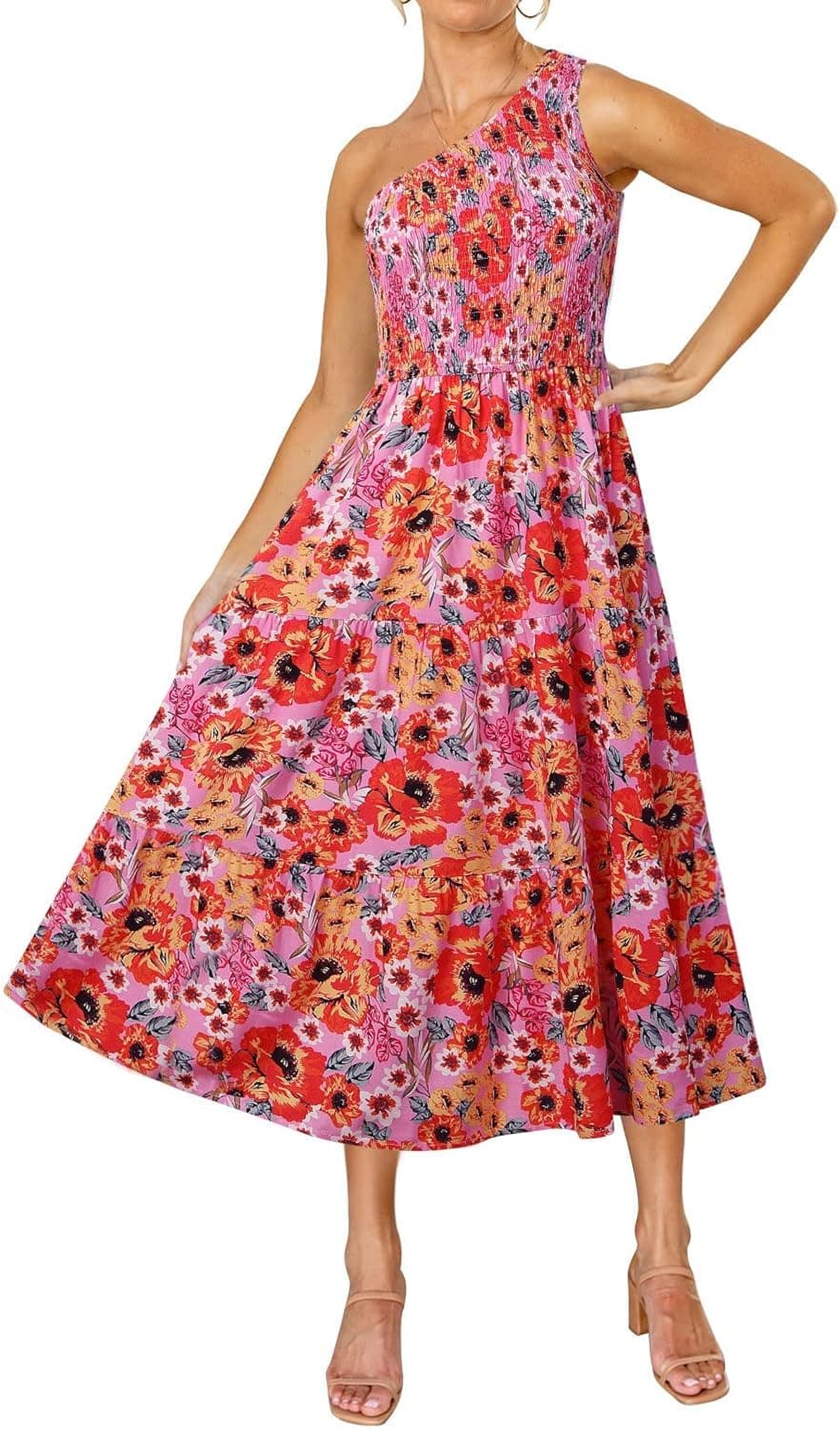 ZESICA Women's 2023 Bohemian Summer Floral Print One Shoulder Sleeveless Smocked Ruffle Tiered Beach Long Midi Dress