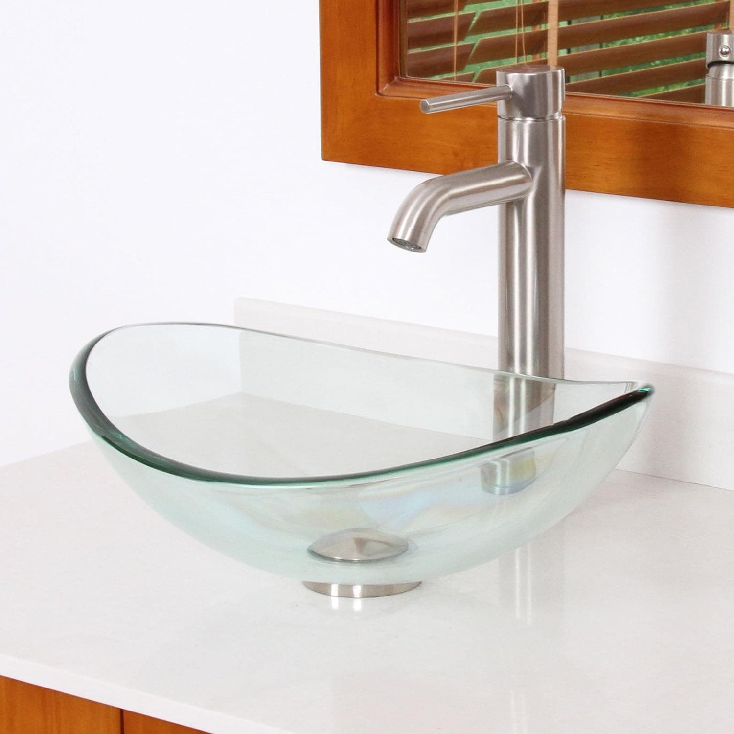 ELITE Unique Oval Clear Tempered Bathroom Glass Vessel Sink & Brushed Nickel Single Lever Faucet Combo