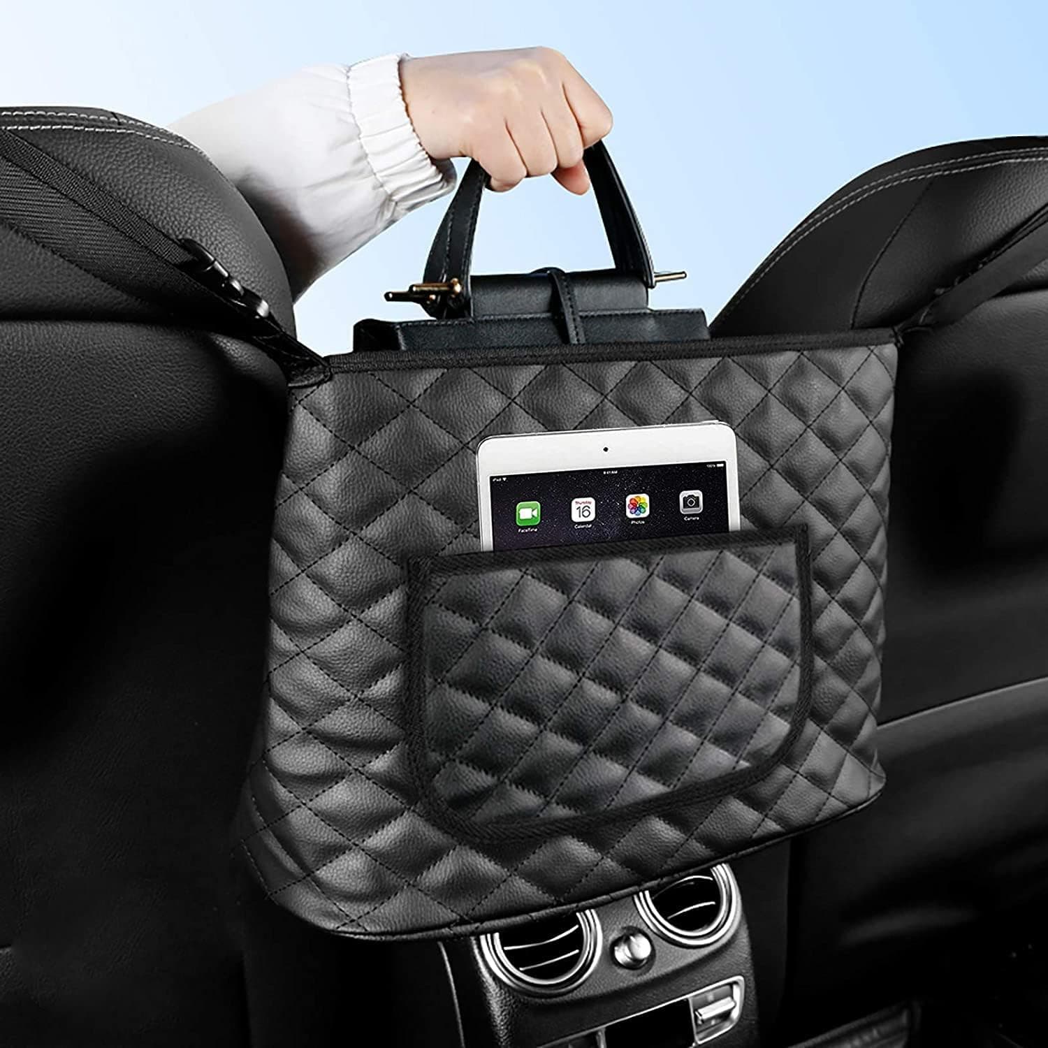 Car Net Pocket Handbag Holder,Purse Holder for Cars,Car Back Seat Back Organizer,Storage Netting Pouch Between Seats Barrier of Backseat Pet Kids (Leather)