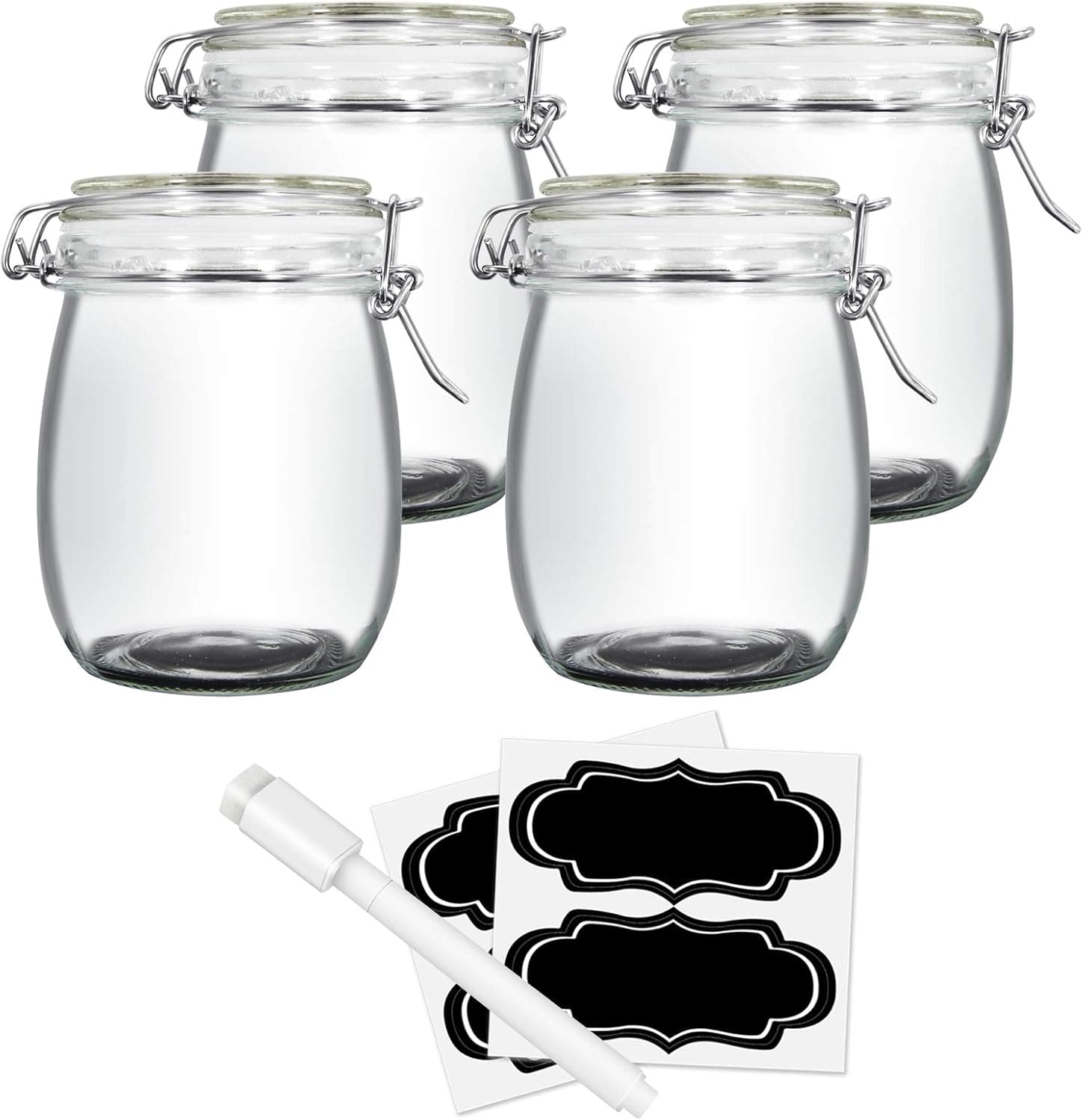 YEBODA 24oz Food Storage Canister Glass Jars with Clamp Airtight Lids and Silicone Gaskets for Multi-Purpose Kitchen Containers - Clear Round (4 Pack)