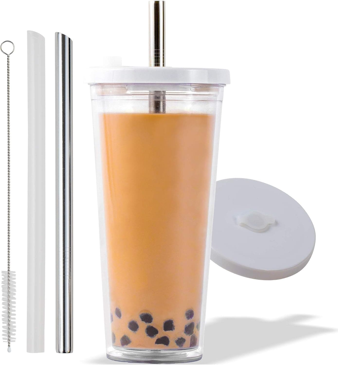 Reusable Boba Cup for Large Size Bubble Tea (24 Oz), Angled Straws, Leak Proof Design, Double Wall Insulated Bubble Tea Cup