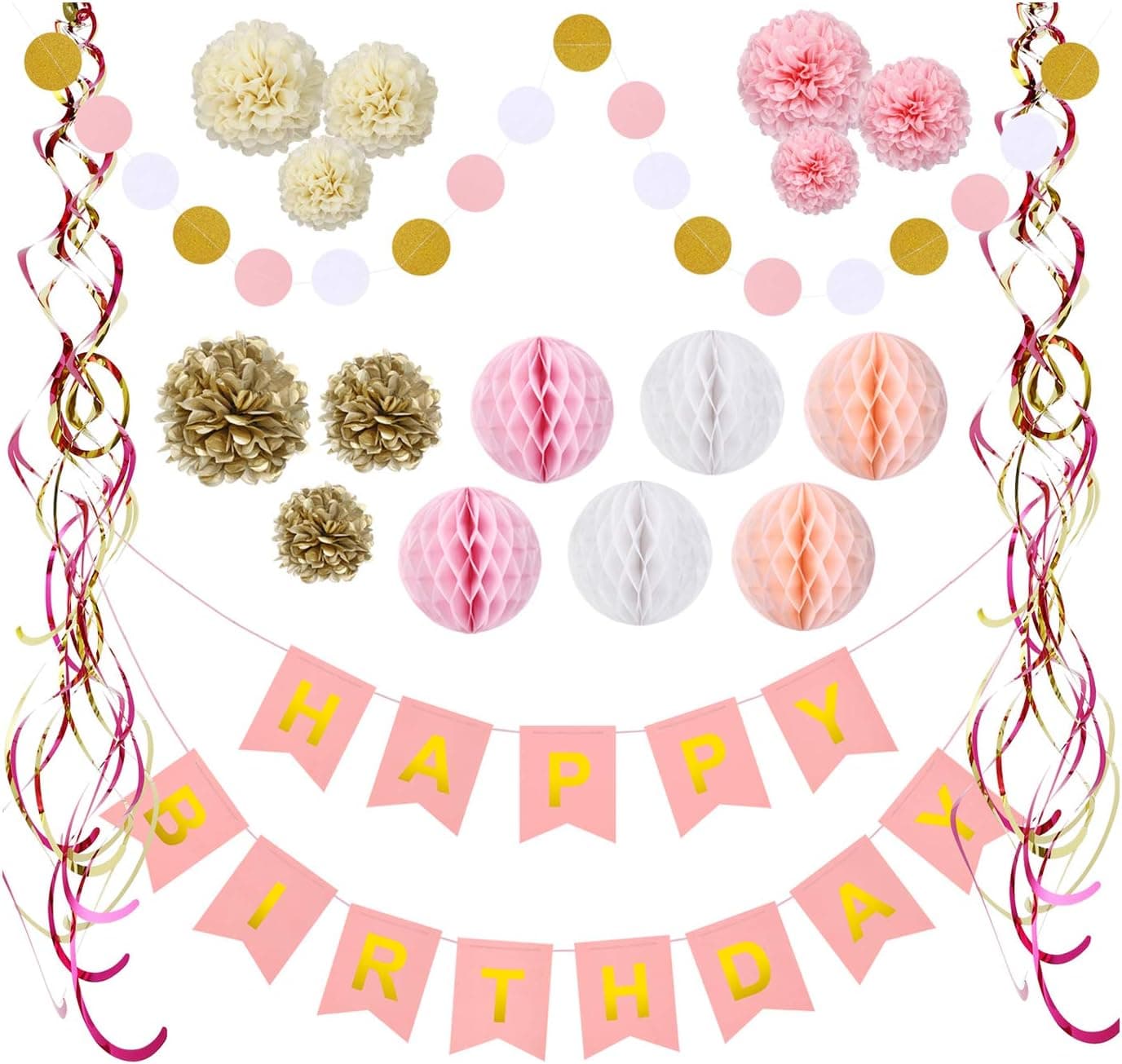 Colorful Happy Birthday Supplies, Birthday Decoration Set, Pink and Gold Happy Birthday Decorations for Girls, Happy Birthday Banner, Hanging Swirls, Paper Garland flowers and Honeycomb Balls