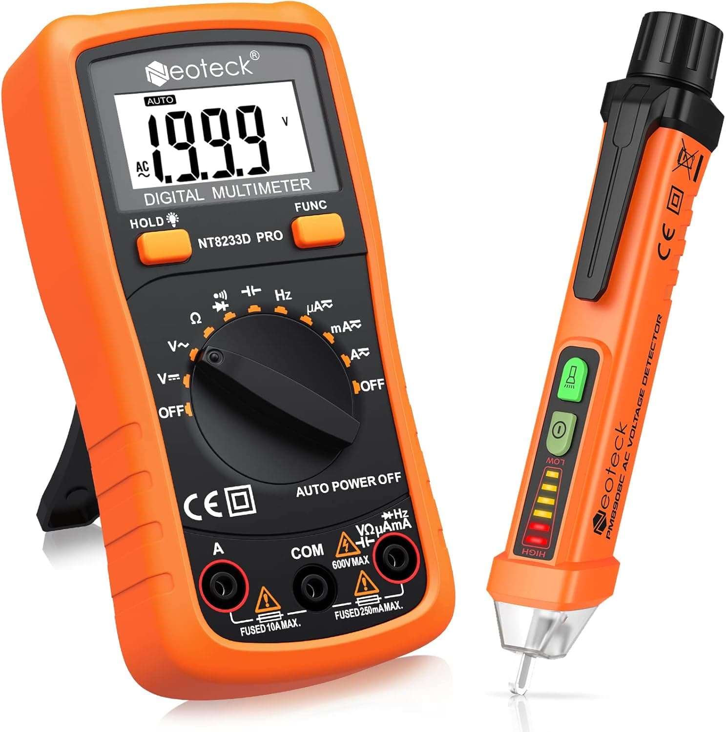 Neoteck Auto-Ranging Digital Multimeter and Non-Contact Voltage Tester Pen Set, Electrical Tester Kit with Test Probe Leads & Banana Plug to Alligator Clips