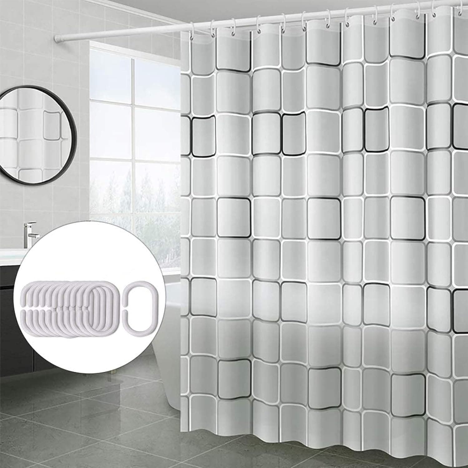 Shower Curtain for Bathroom, PEVA Waterproof Bath Shower Curtain Liner, Black and White Square Style Shower Bath Curtains with Matching Hooks, 72 x 72 inch