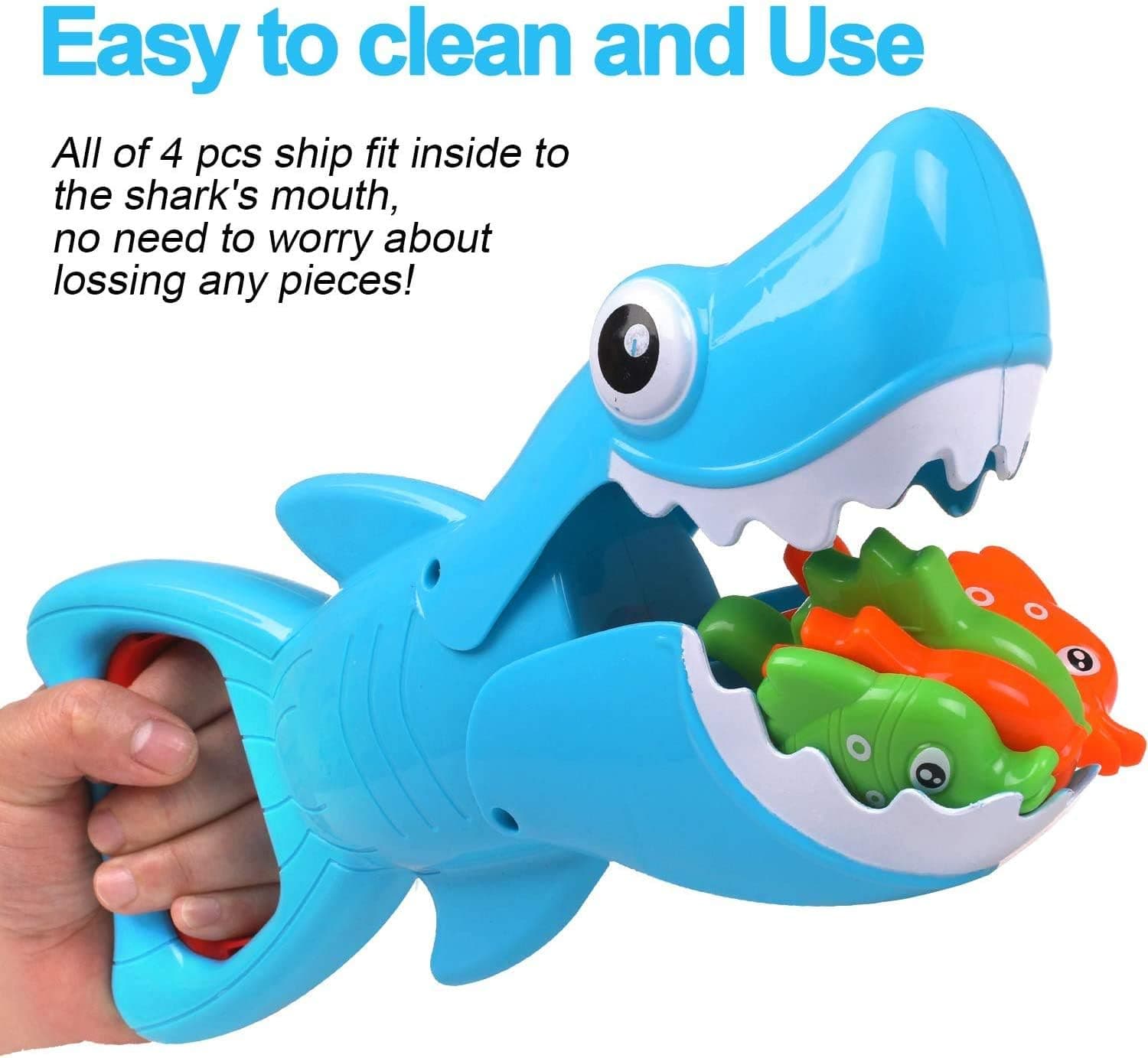 Shark Grabber Baby Bath Toys - Fun Baby Bathtub Toy Shark Bath Toy Included Blue Shark with Teeth Biting Action & 4 Toy Fish for Kids Boys Girls Toddlers Age 3+