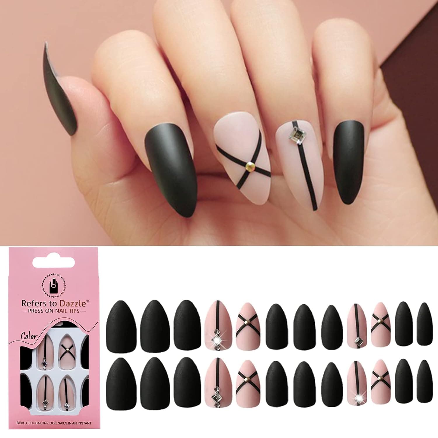 Black Pink Press On Nails Short Stiletto Fake Nails, Refers to Dazzle Matte Press On Nails 3D Diamond False Nails