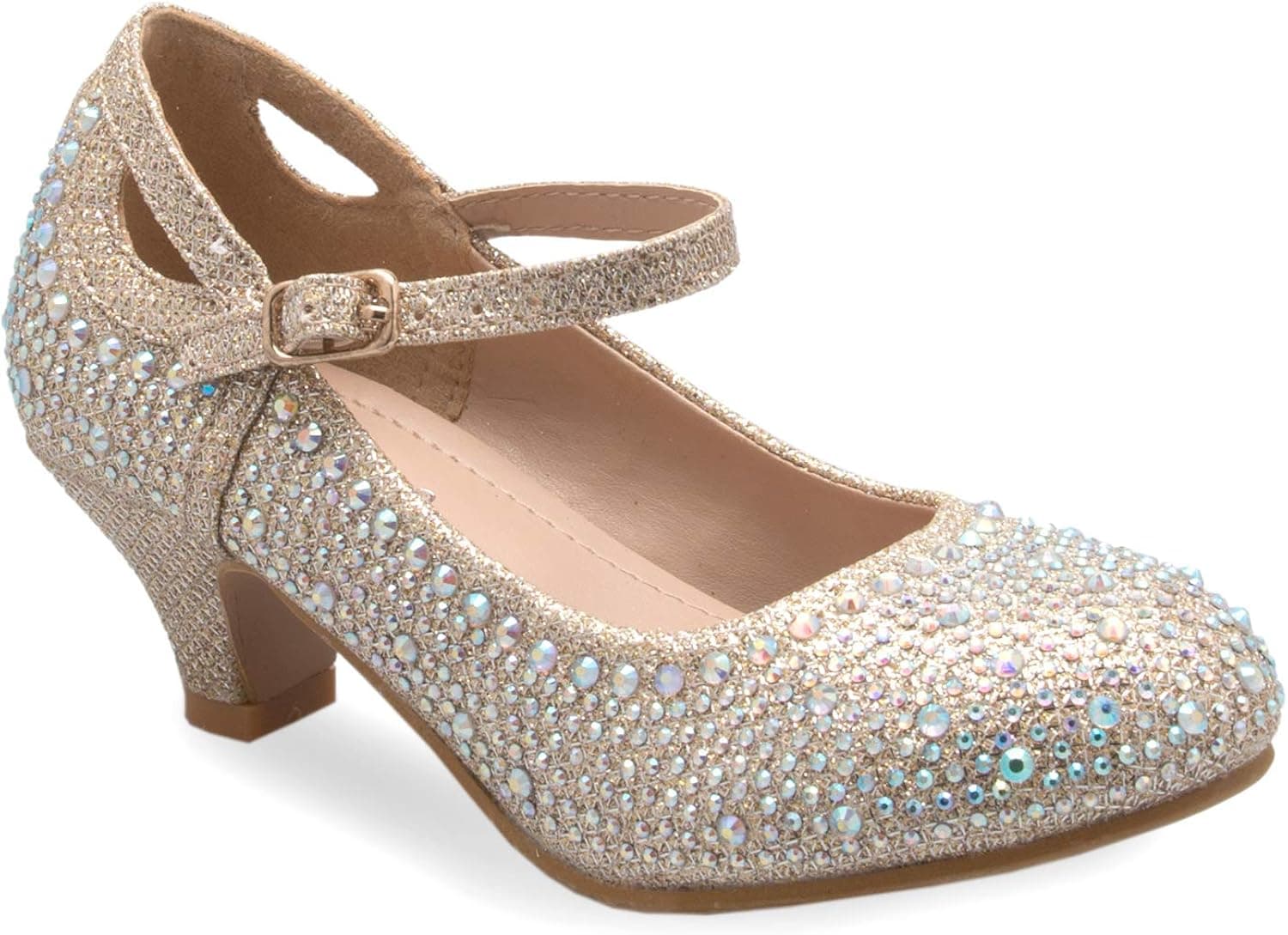 Olivia K Girl's Adorable Strappy Ankle Strap Rhinestone Glitter Heels - Adjustable Buckle, Comfortable