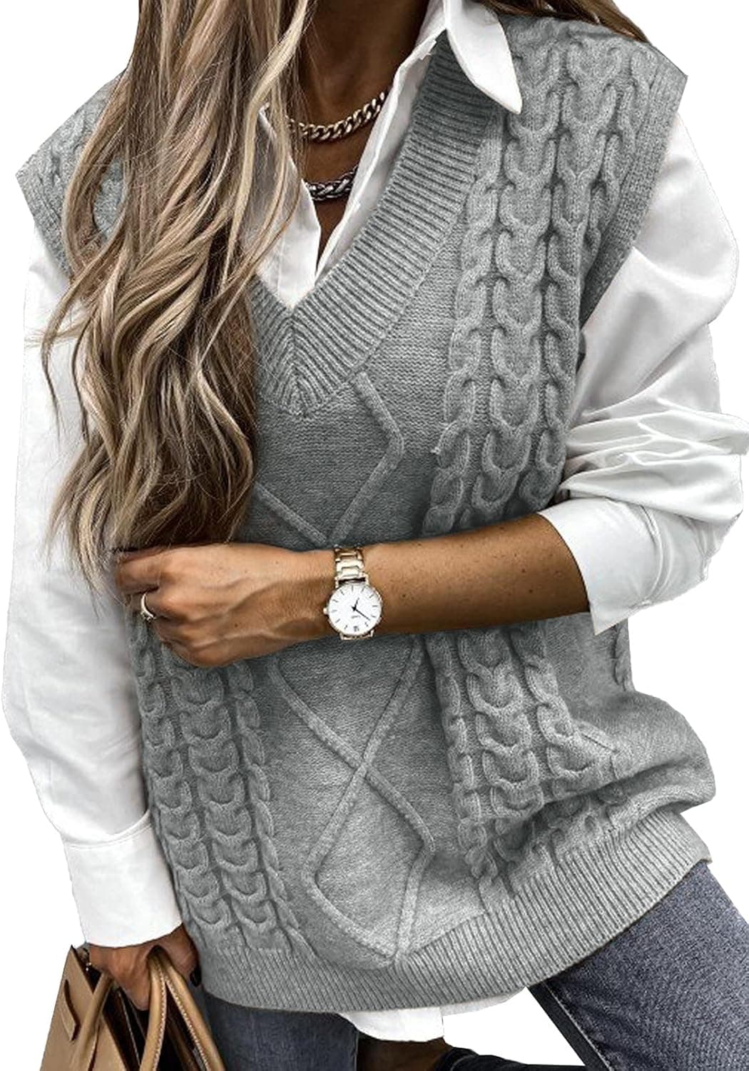 EVLAESS Oversized Sweater Vest for Women V Neck Sleeveless Solid Color Loose Pullover Sweater