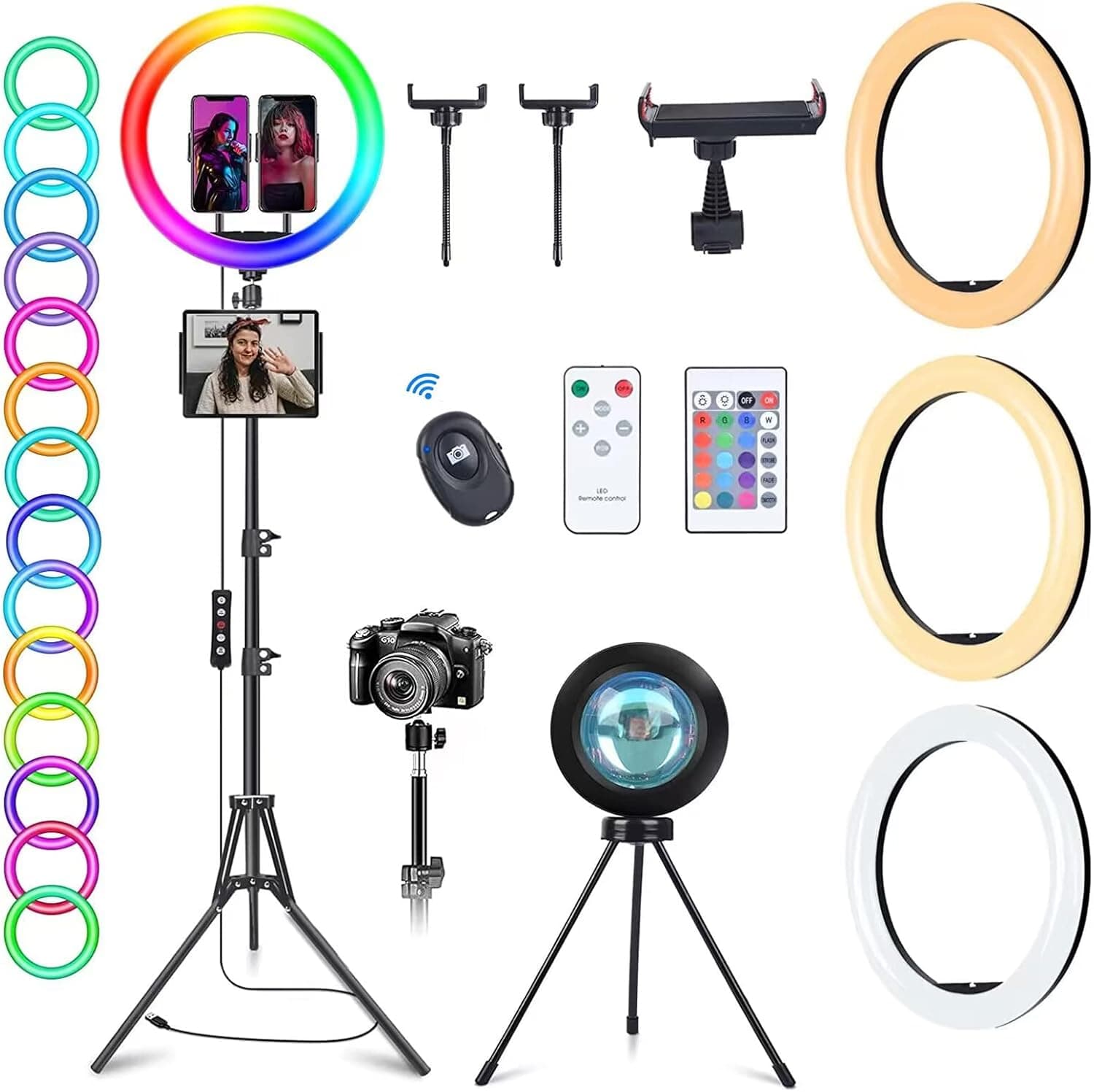 WisaKey 13" RGB Ring Light with 63" Stand and 2 Phone Holders, Tablet iPad Holder, Sunset Lamp, 51 Color Modes Selfie Ringlight with Desk Tripod, Halo Ring Light for TikTok/Live Stream/Makeup/YouTube