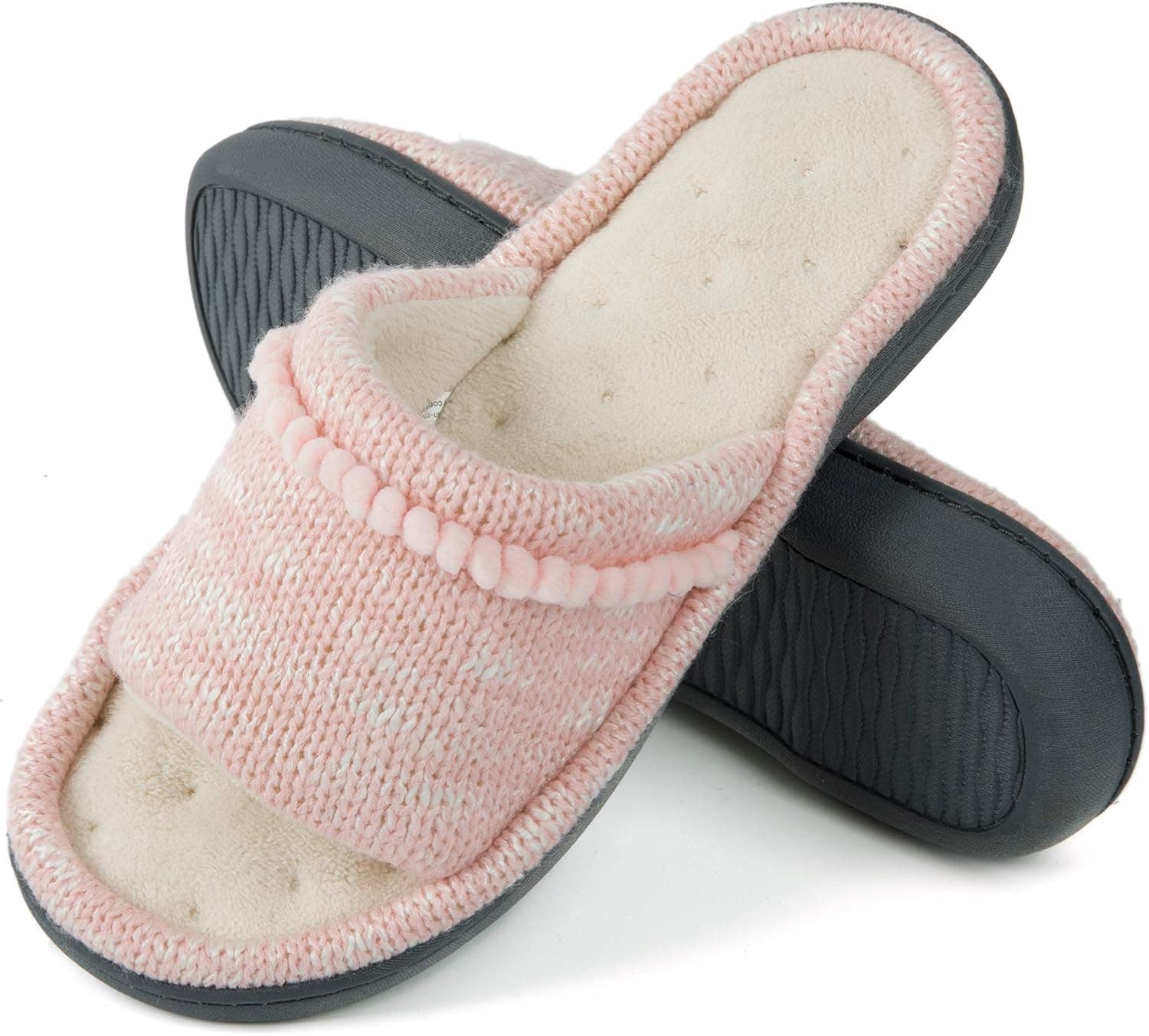 RockDove Women's Knit Memory Foam Slipper with Mini Pom-Poms, Size 5-6 US Women, Pink