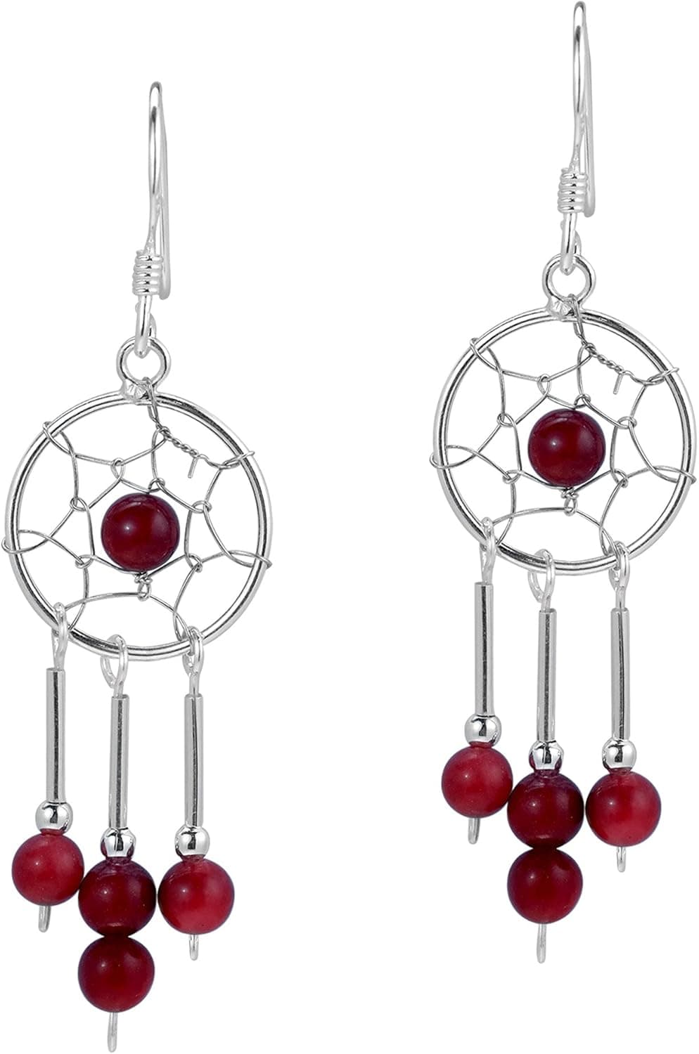 AeraVida Catcher of Dreams Reconstructed Red Coral Dream Catcher .925 Sterling Silver Earrings | Red Coral Earrings for Women Sterling Silver | Dream Catcher Earrings Sterling Silver Jewelry Gifts