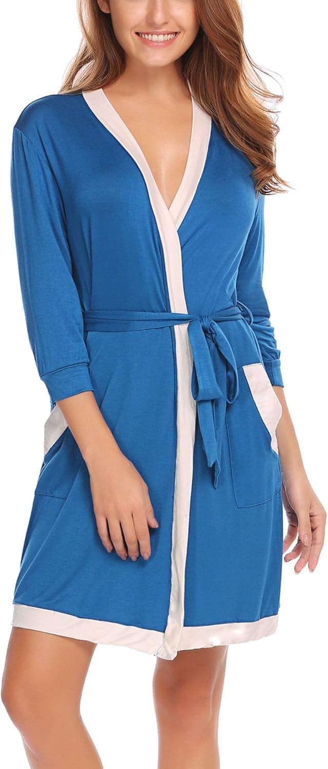 Hotouch Womens Bathrobe Three Quarter Sleeve Robe Cotton Comfort Sleepwear Cobalt Blue S