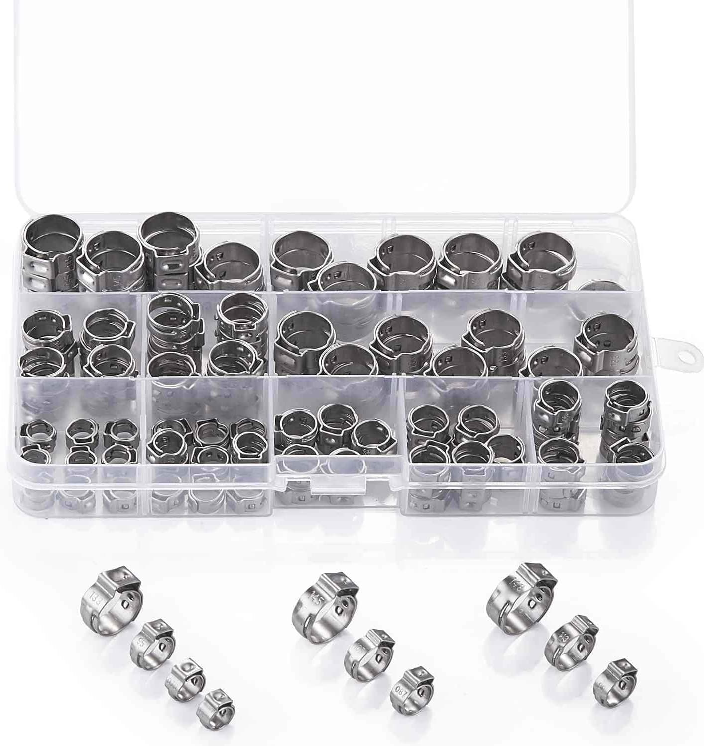 Litorange 10 Sizes 130 PCS 304 Stainless Steel Single Ear Hose Pipe Tubing Clips Clamp Cinch Rings Crimp Pinch Fitting Adjustable Range 5-15mm Assortment Kit (Pack of 130)