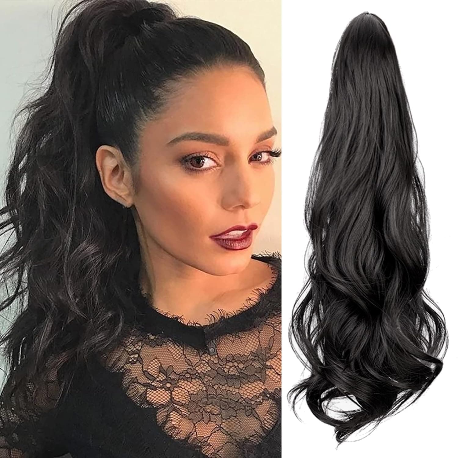 DeeThens Ponytail Extension, 20 Inch Ponytail Extension Claw Clip in Wave Black Hairpieces Long Curly Synthetic Ponytail extensions for Women (2#)