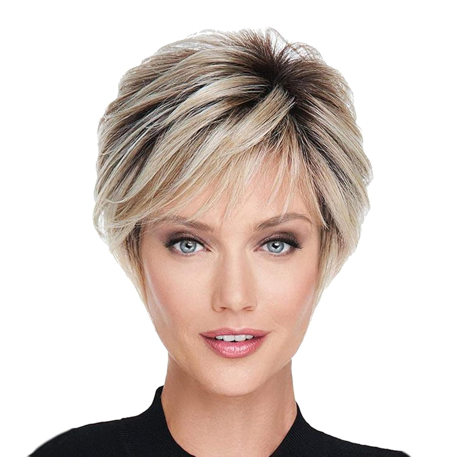 GNIMEGIL Blonde Wig with Bangs for White Women Short Bob Straight Natural Looking Ombre Wig Black Roots Synthetic Wigs for Daily Wear Party Old Lady
