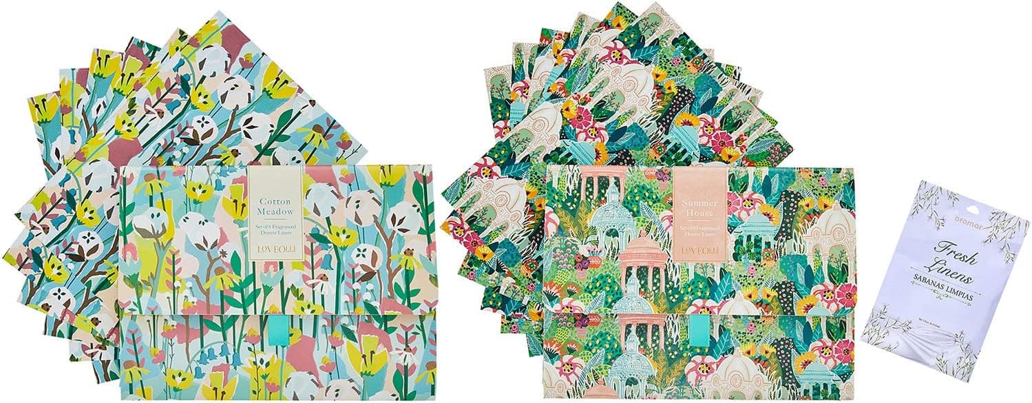12 Sheets of Scented Drawer Liners | Cotton Meadow, Summer House Fragrant Liner Set | Floral Lining Paper for Dresser, Vanity, Shelf, Nursery, Drawers, Cabinet | with Fresh Linen Sachet