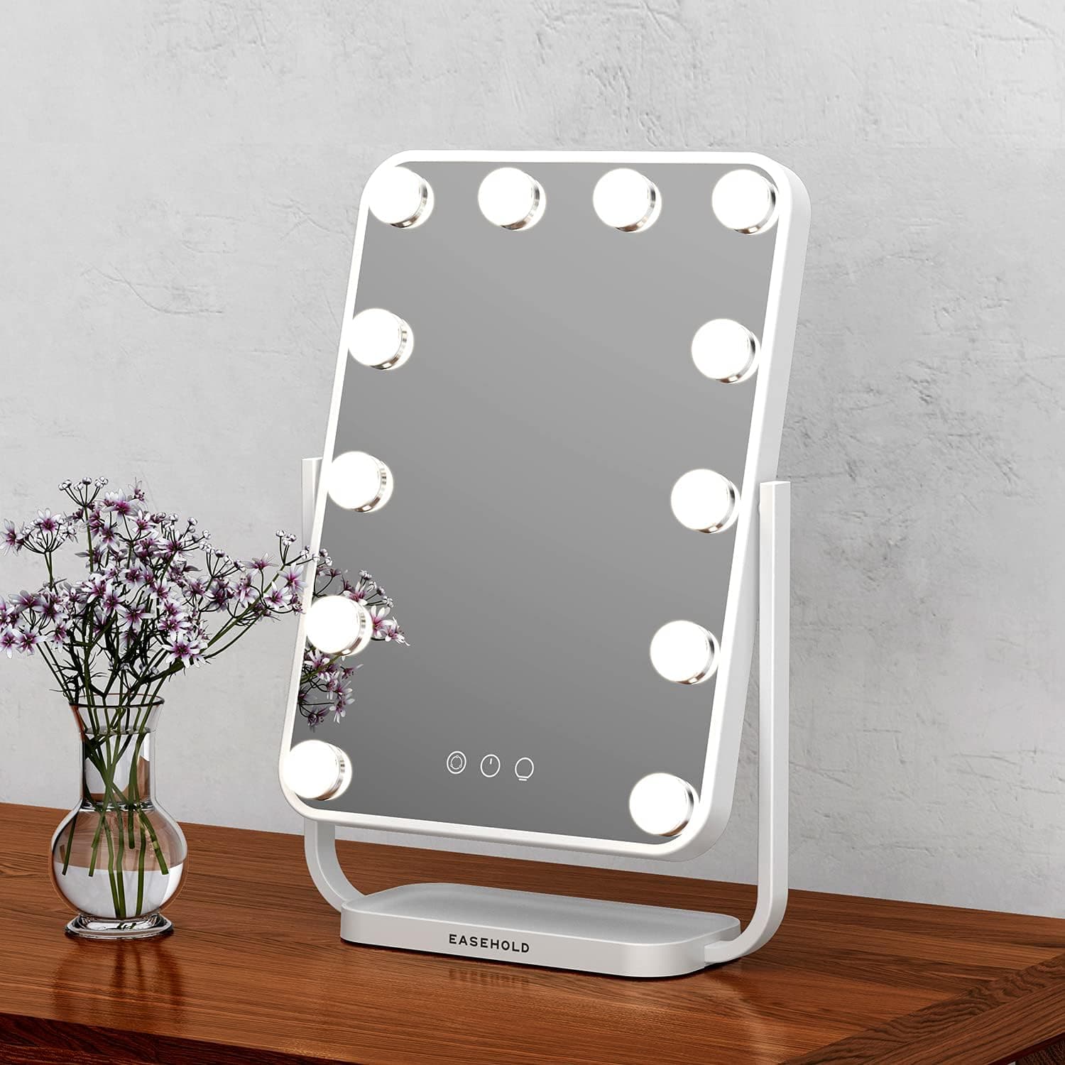 EASEHOLD Hollywood Large Vanity Mirror with 12 Bright LED Bulb,Tabletop Makeup Mirror Smart Touch Control 3 Colors Light 360°Rotation for Dress Room Bedroom (White)