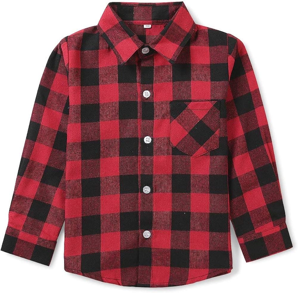 OCHENTA Boys' Button Down Flannel Plaid Shirt, Little Big Kids Long Sleeve Tops E001 Red Black Tag 160CM - 9-10 Years