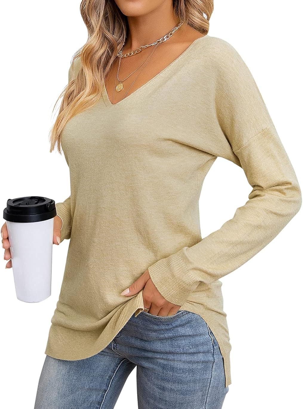 Women Long Sleeve Sweater V Neck Side Split Sweaters Loose Fit Tops Lightweight Pullover Soft Knit Slouchy Sweaters for Women