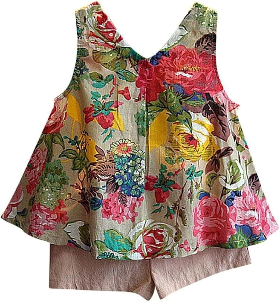 Girls Summer Outfit Clothes Floral Vest T-Shirt+Shorts Pants Outfits