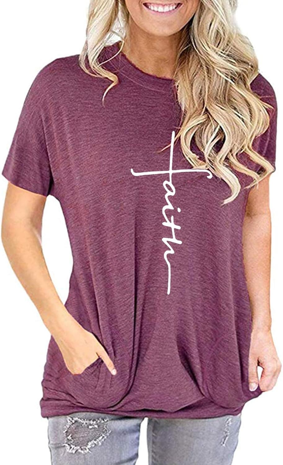 ZILIN Women's Casual Letter Print Crewneck T-Shirt Long Sleeve Tunic Tops Sweatshirt With Pockets (6-red, M)
